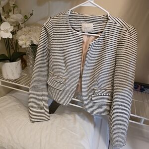 Ann Taylor LOFT Women's Black and Cream Striped Blazer Cropped
